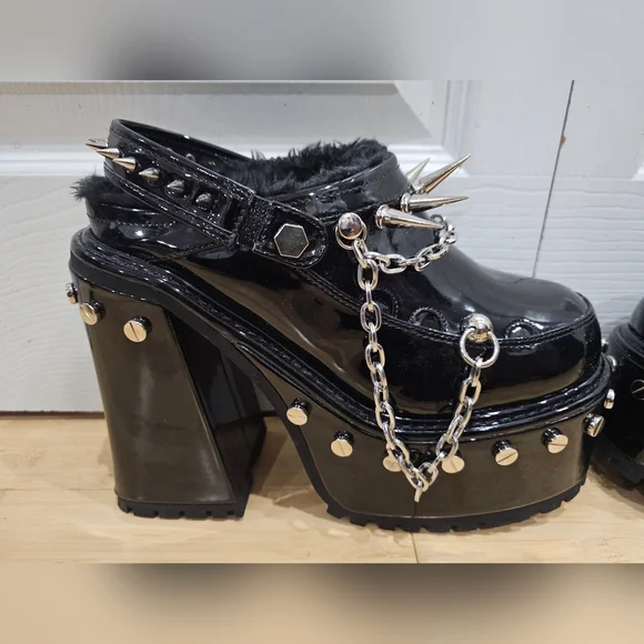 Dolls Kill Widow Black Silver Spiked Righteous Rebel Platform Mules Heels 8 9 - Picture 9 of 11